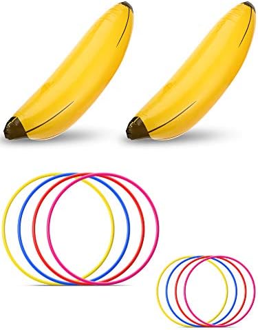 10 парчиња игра за забава на ергени и базен надувување на банана прстен за фрлање игра, вклучете 2 парчиња банана со 8 парчиња пластични фрлања