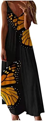 Letterенски летни макси фустани со летни облеки без ракави со шпагети каиш со цветни печати од пеперутка V вратот долги фустани