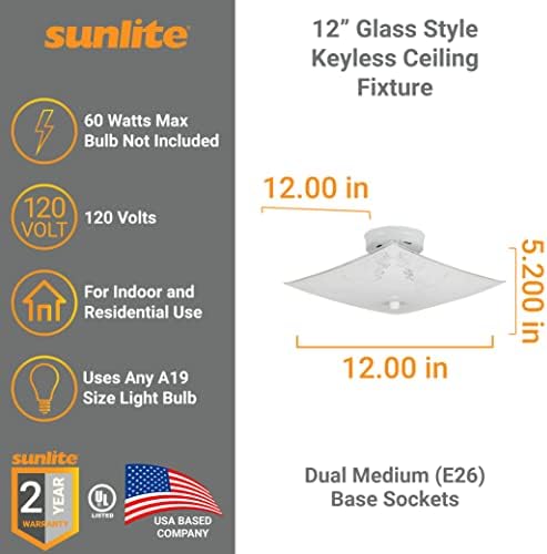 Sunlite 04545 12 квадратно стакло стил без клуч за тавани, 60 вати максимум, 2 средни приклучоци, 120 волти, затворен, UL наведен, бел, за