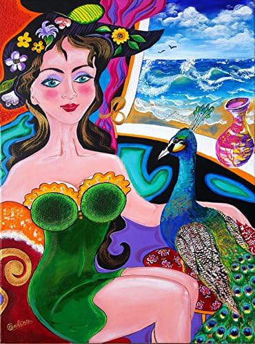 Дама и паун - оригинална ликовна уметност акрилик - текстурирано уметничко дело на 18 x 24 Истепено платно разиграно разнобојно тропско сликарство