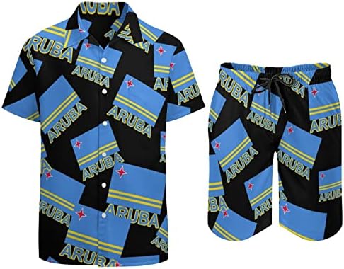 Аруба знаме за машки 2 парчиња облека на плажа на Хавајско копче надолу со кошула со кратки ракави и костуми за шорцеви