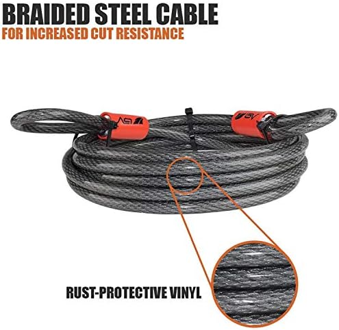 Безбедносен кабел за безбедност BV 15FT со јамки, плетенка челичен флекс кабел, кабел за заклучување на велосипед 3/8 инчи, за U-заклучување