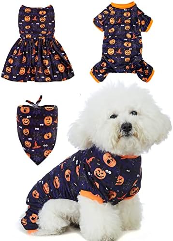 Коомур 3 парчиња кошули за кучиња за Ноќта на вештерките со фустан од тиква од миленичиња и мали кучиња бандани за кучиња мачки