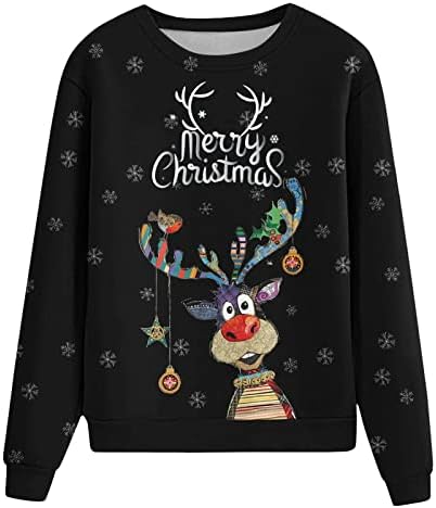 Грд Божиќен џемпер женски смешни симпатични ирваси печати со долги ракави кошули паѓаат врвови новини Божиќни екипаки џемпери
