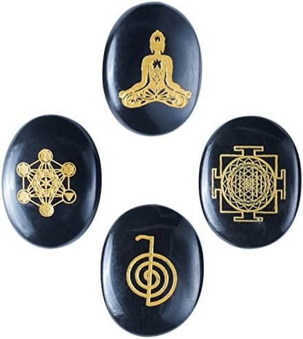 Crocon Black Agate Graved Stone Reiki Симболи Полирани палми -камења Светите Симболи на геометрија поставени за среќа Позитивно заздравување