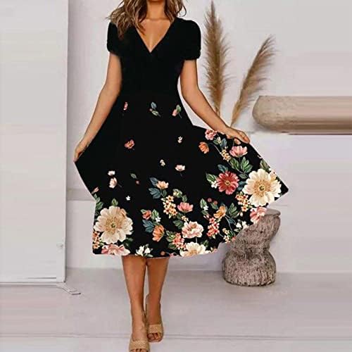 Нокмопо слатки фустани за жени кратки ракави летни обични модни цвеќиња со кратки ракави со кратки ракави со вртење на вратот V-вратот