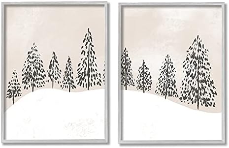 Зимски дрвја на Ступел Апстракт Снежен пејзаж Беж бел, дизајниран од Дафне Полсели Греј Рамчена wallидна уметност, 2 парчиња, на секои 11 х 14