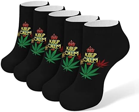 Чувајте се смирени и лисја од марихуана 5 пара смешни трчање чорапи за глуждот Атлетски чорапи без шоу, амортизирани за мажи жени