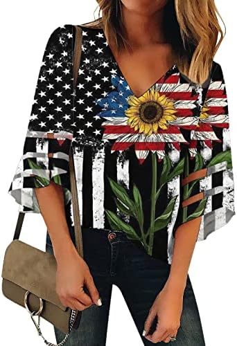 4 јули Облека За Жени 3/4 Блузи Со Ракави Со Ѕвончиња Американско Знаме V Маици За Вратот За Жени Патриотски Кошули