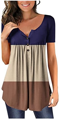 Qtthzzr женски обични туники врвови на обични кратки ракави Хенли v-врат копчиња кошула лабава вклопена блуза врвови