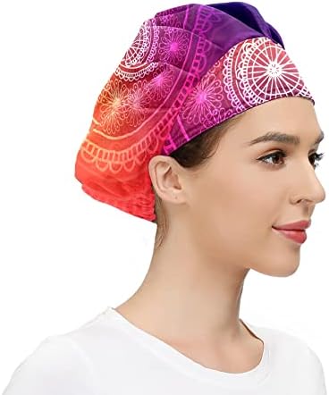 Womenените прилагодливи работни капа Црвена шарена Мандала Цветна работа со капи и еластично капакот на главата на главата