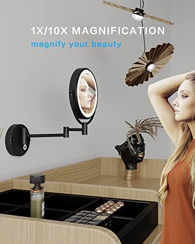 Fixsen 8 LED Полнење Ѕид Монтирање Контрола На Допир Шминка Огледало Двострано Зголемување Суета 12 Инчен Продолжување Мат Црна 1x/10X