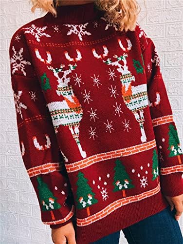 Hgnay жени со долг ракав Божиќен џемпер скокач женски Божиќ ирваси и ирваси печатење плетена џемпер со мека пикалова пуловер