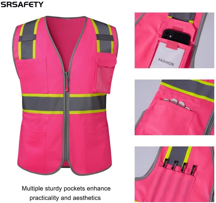 SRSafety Security Hi-vis Vest за жени, со голема видливост рефлектирачки елек за дишење за дама, траен патент ＆ Мулти џебови