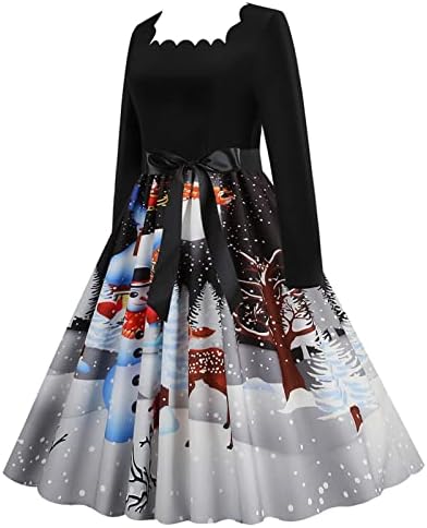 Фустани со спандекс на вратот на вратот за тинејџерски девојки со долг ракав Графички одмор Божиќ со високи фустани со половината, жени ТУ
