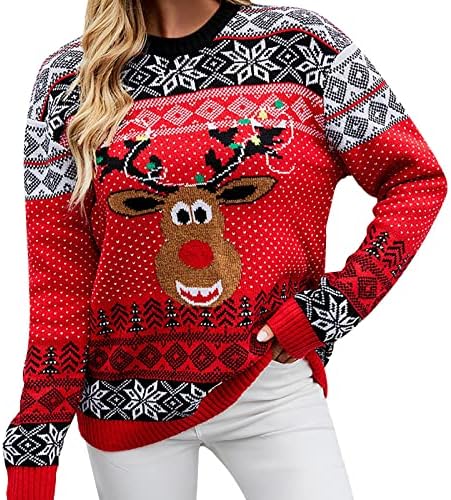 Божиќни џемпери за жени со долг ракав екипаж врат Божиќ елен плетен пулвер џемпер врвови и маички за џемпери