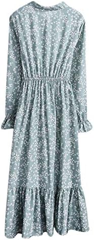 Летни облеки за жени, цветен шифон со долги ракави печатење обична забава гроздобер облека за фустани бохо макси