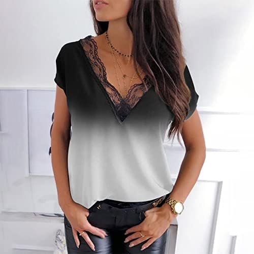 Есен летен графички врвен маица за жени со краток ракав облека трендовски V вратот чипка памучна блуза MC MC MC MC MC