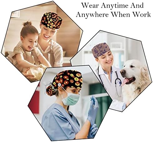 2 пакувања Scrub Cap Women со копчиња прилагодлива еластична вратоврска за череп капи од сончоглед loveубов срце буфан хируршко хируршко