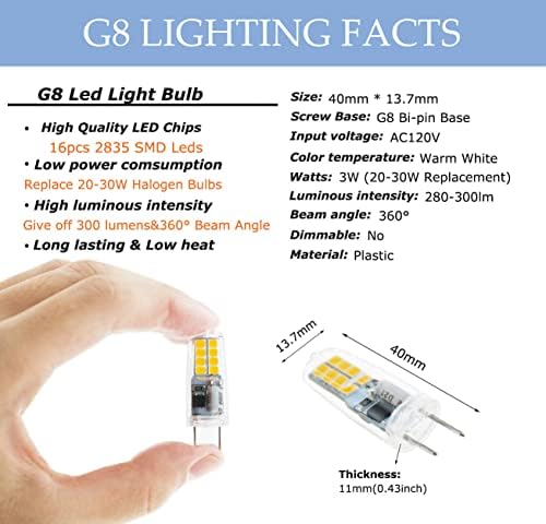 G8 LED Сијалица 3W Еквивалентно НА 25w G8 Халогена Сијалица, T4 JCD Тип Bi-Pin G8 База, AC 120v Топло Бело 3000K За Под Кабинетот