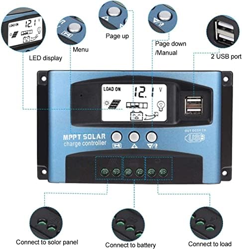 100а MPPT Соларен Контролер За Полнење, 12v 24v Соларен Панел Батерија Интелигентен Регулатор со Лцд-Дисплеј Двоен USB, Повеќе Режими За Контрола