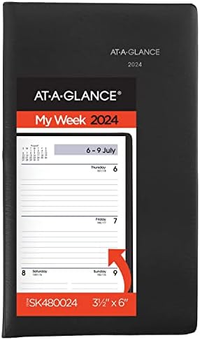 At-A-Glance 2024 Calendarеб календар, неделен планер, 3-1/2 x 6, големина на џеб, дневен пат, црна боја