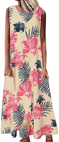 Womenените плус големина О-врата цветни печати гроздобер краток ракав долг макси фустан