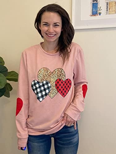 Vilove Love Heart Heart Graphic Sweatshirt за жени карирани леопард кошули за печатење на срце