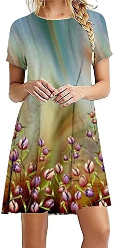 Гуфесф макси фустан за жени, жени мини фустан со краток ракав, тркалезен врат маички фустани цветни печатени краток фустан