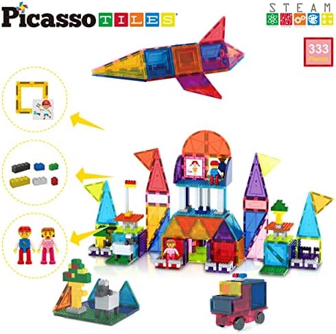 Picassotiles 333pcs магнетна плочка од тули и комбо сет на магнетни плочки, вклучени акциони фигури, градежни блокови STEM играчки,