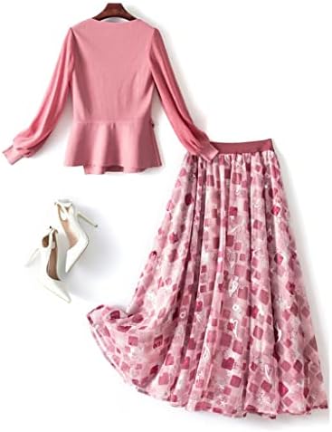 QJPaxl Плетен плетен џемпер здолниште со две парчиња сет женски облеки пролет есенски долги ракави фустан од везот костуми розови