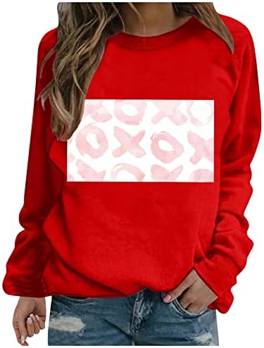 Женска женска срцева џемпер за џемпери за валентин графичка кошула loveубов срце писмо печати џемпер на екипажот на екипажот на врвовите