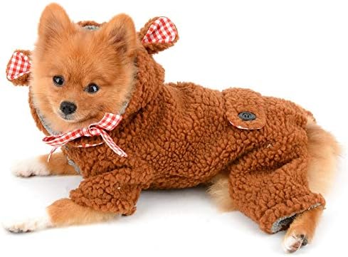 SELMAI Soft Fleece Dog Winter Coat Four Legs Cute Bear Design Removable Hat Warm Pet Clothes for Small Medium Dogs Cats Apparel