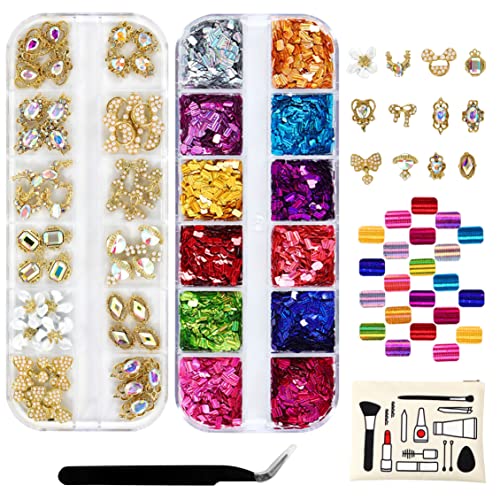 Lsnbhsz 12 видови на слатки форми на 3Д привлечности на ноктите и rhinestones 12 бои квадратни нокти сјајни нокти за нокти за накит со пинцети