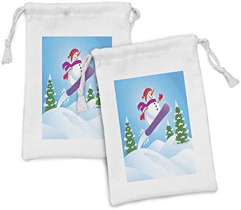 Лунарна Торбичка За Ткаенина Од Снешко Од 2, Цртана Илустрација На Снешко Што Вози Сноуборд над Божиќната Тема На Ридовите, Мала