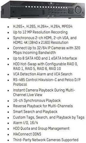 HIKVISION DS-9664NI-I8-28TB 64-Канал 4K 12MP HikConnect DDNS VCA Аларм Smart NVR Со аларм I/O, Поддршка РАЦИЈА 0,1,5,6,10, Американска