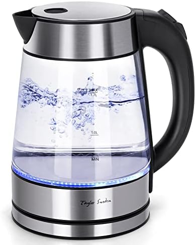 Стакло котел за топла вода Електричен за чај и кафе 1,7 литар Брзо вриење Електричен котел безжична вода со автоматско исклучување