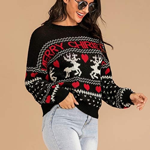 Ymosrh женски џемпер моден плетен став за печатење на елк, пулвер со долг ракав лабав џемпер на кардиган џемпери