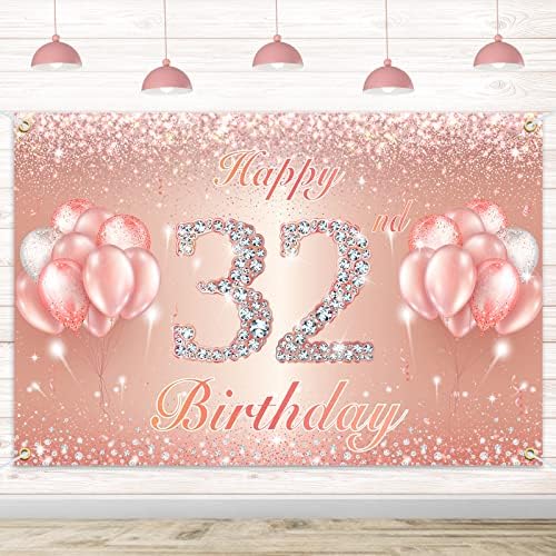 Среќен 32 Роденден Банер Позадина - 32 Роденден Декорации Материјали За Жени или Мажи - Розово Злато 4 х 6фт