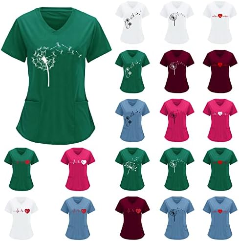 Чистење кошули за жени, симпатична графичка печатена кратка ракав V-врат лабава вклопена врвна симпатична чистачка врвови за жени
