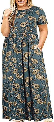 Womenените плус големина макси фустан цветен принт со краток ракав фустан дами летни обични плетени бохо долги вртежи фустани со џеб
