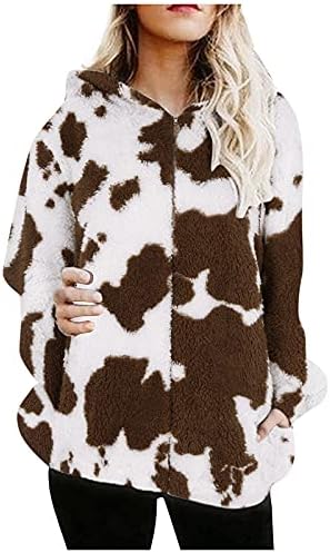 Женски обичен патент за печатење со крави со долги ракави плус густа качулка кадифен палто пулвер отворен предниот плетен матични јакна