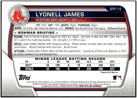 Lyonell James RC 2023 Bowman 1-то издание BPPF-118 Rookie NM+ -MT+ MLB Baseball Red Sox