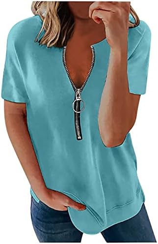 Женски летни врвови со кратки ракави маици секси v вратот лабав вклопување на врвови на врвови цврсти проточни кошули со хенли, облечени