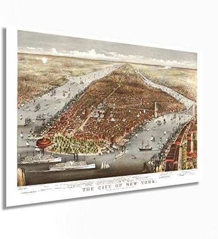 Историкс гроздобер 1876 година во Newујорк Сити Постер - 24х36 инчи NYујорк мапа wallидна уметност - Гроздобер мапа на Newујорк Сити со точки