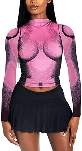Molisryенски женски 3D тело печатење маица маица врвот y2k исмејувајте го вратот со долг ракав хипстер со врвен блуза врвен лето