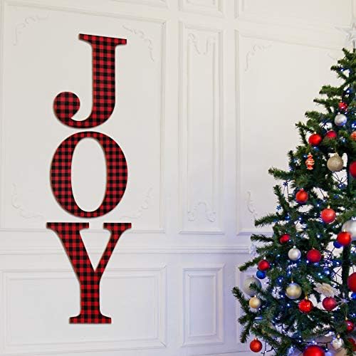 3 парчиња Божиќна радост знак Бафало Проверете карирано писмо 12 инчи дрвена голема радост знак рустикално дрво орнаменти за влезна