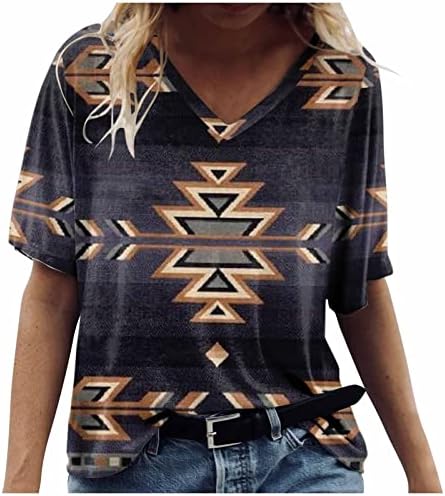 Женски западни кошули гроздобер етнички стил геометриски принт краток ракав ацтек туничен врвови лето лабава случајна тита