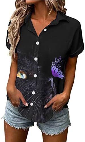 Дами копче надолу со кошули лето 2023 година обичен кратки ракави глуварче слатки мачки за печатење маици врвови