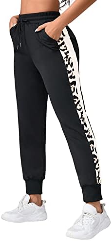 SweatyRocks женски влечење еластични џогери на половината во боја блок од леопард печати тенок фит панталони